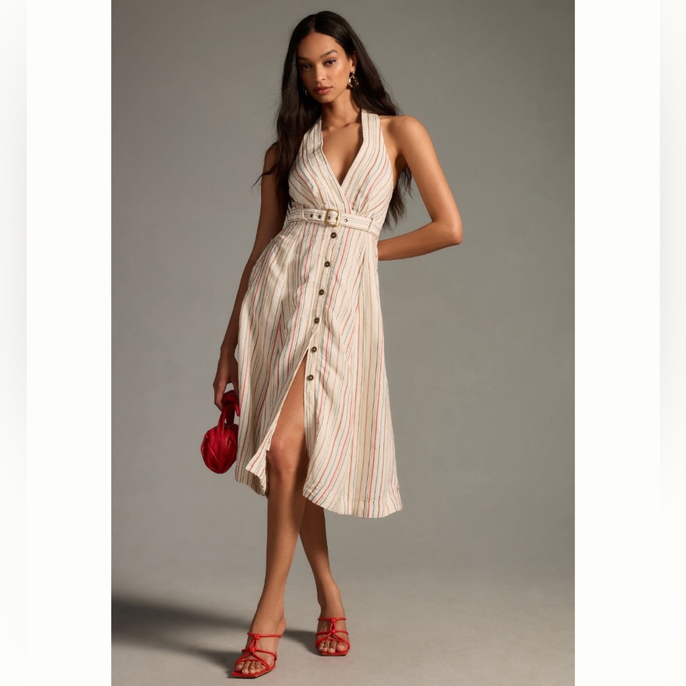 Anthropologie Maeve Belted V-Neck Button-Front Dress - Picture 3 of 8